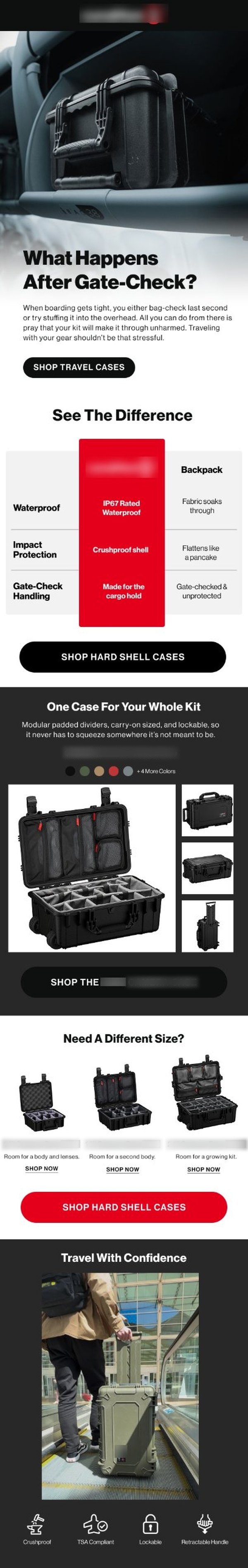 Educational campaign email about protecting gear when traveling