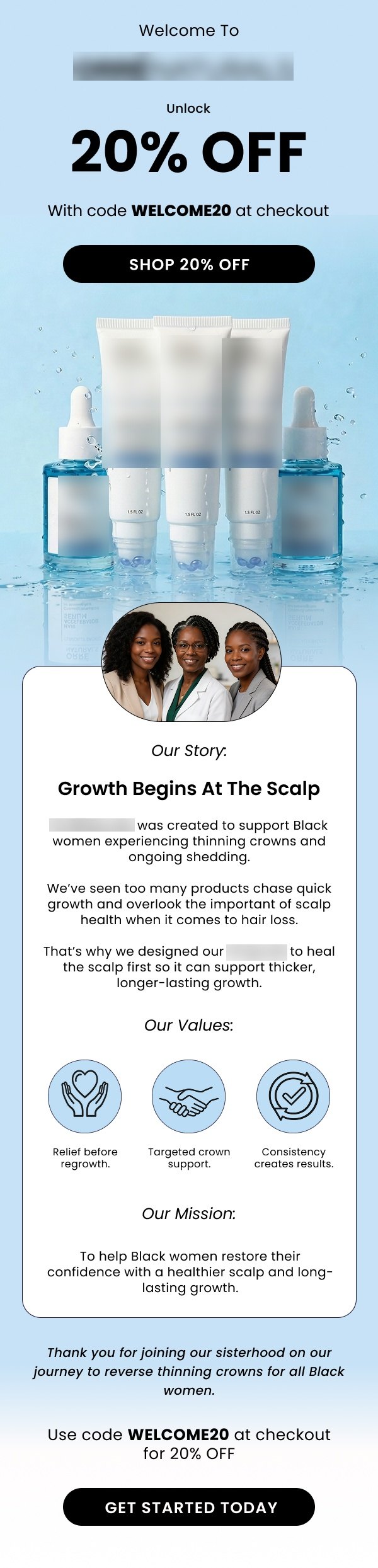 Welcome flow email introducing the brand's story and values